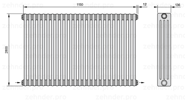 Схема (чертеж) Радиатор Zehnder Charleston 4280/25 №2670 Белый глянцевый RAL 9016